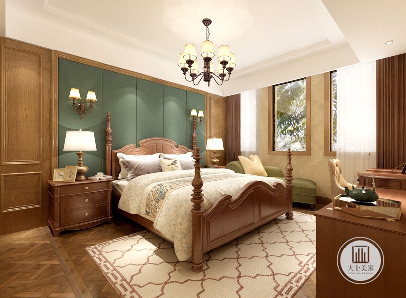 卧室，床头墨绿色壁纸装饰墙面，两侧深色木板墙面，整体深棕色为主调，美式家具、床品，美式田园风格装修效果图