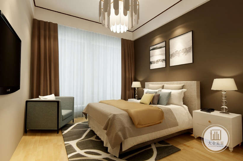 卧室，浅蓝色沙发搭配床头棕色壁纸，现代简约风格装修效果图