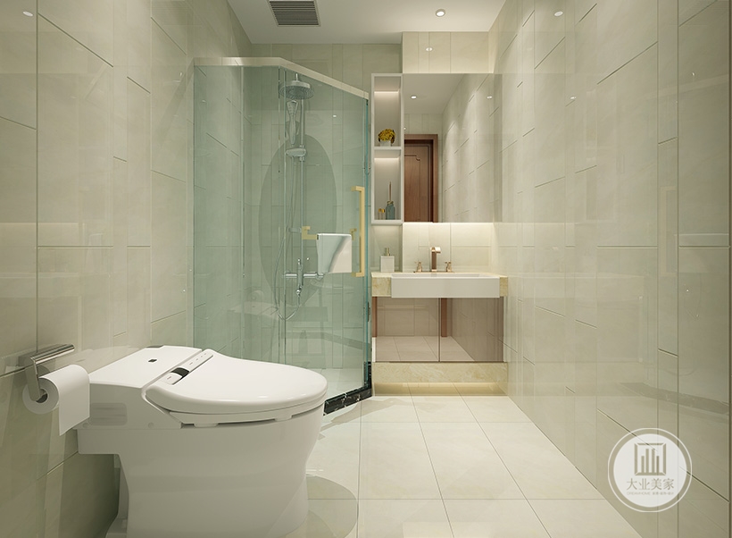 卫生间墙地面整体采用白色方形瓷砖铺贴，另有玻璃淋浴房。简约风格装修效果图