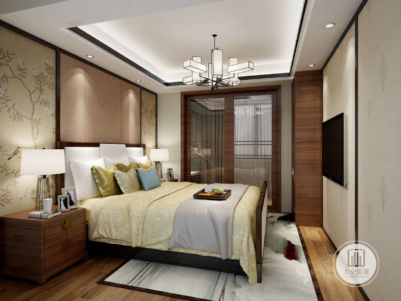 卧室，房间内的顶面与客厅相呼应，简单的木线条走边，中式的感觉越加明显。