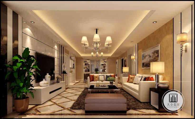 客厅通透面积大，合理的利用线条和瓷砖加以装饰，简约而不简单，白色和金色的色彩搭配，优雅不失高贵