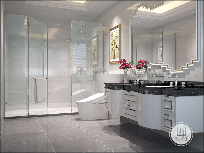 主卫的空间比较大，宽敞舒适，最喜欢就是浴室柜的造型，把现代时尚感突显的超级明显