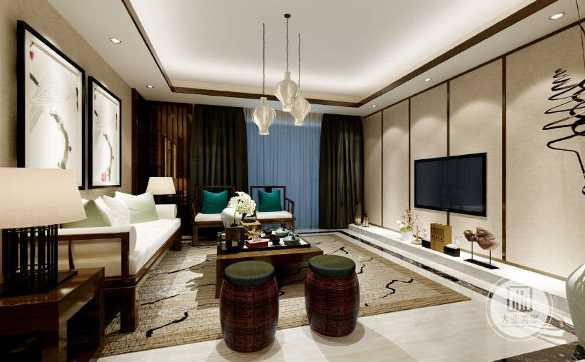 客厅，木栅格与茶镜相结合的背景墙和木制布艺沙发的搭配，古典中带着一丝现代感。