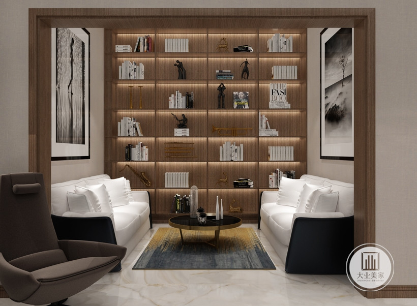 负一层休闲厅做成了一个会客的空间，设置了相应的储存空间，以黑白灰为主色调，体现了现代感。