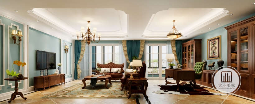 客厅与书房相连在一起，全屋采用蓝色的乳胶漆作为背景，整个空间鲜活而靓丽。