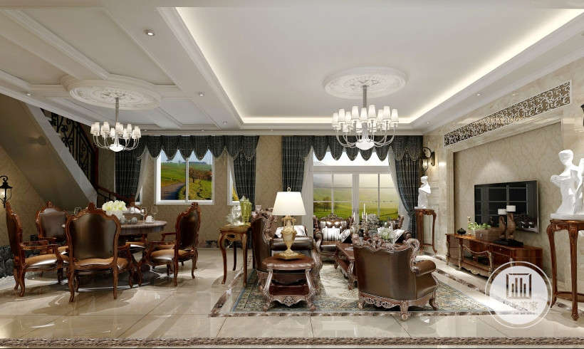 客餐厅设计开阔、大气，简洁的柱体再行略显庄重，家居的整体韵调悠然而出。