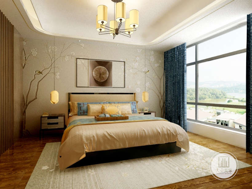 卧室在室内色彩上，设计师除了保留中式木色外，还添加了现代的白色、蓝色……再加以石材的点缀，使得整体空间充满现代生活气息。