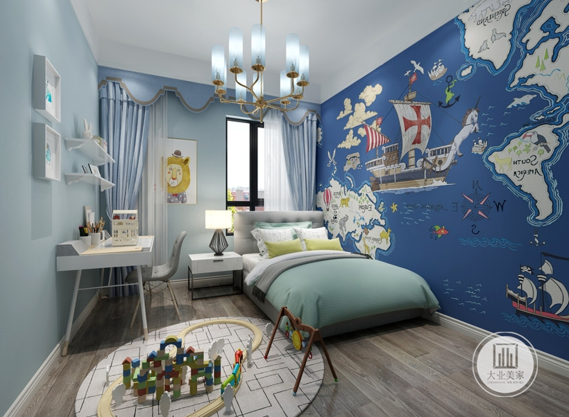 男孩的卧室则用小男孩喜欢的蓝色作为主色调。自由的气息男人的胸怀要从小培养