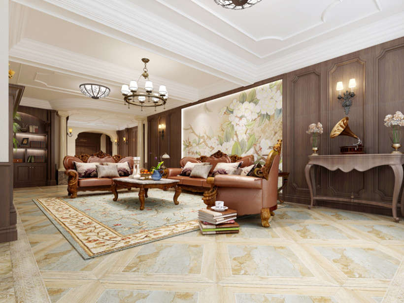 整个客厅空间显得高端大气，墙面采用深色木纹面与壁画想结合。地面选用暖色的仿古砖与墙面颜色形成对比。家具为比较厚重的美式家具，提升了空间的美观性。