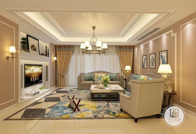 客厅，整体色调米黄色为主调，黄色窗帘搭配大落地窗，欧式家居灯饰。简欧风格装修效果图