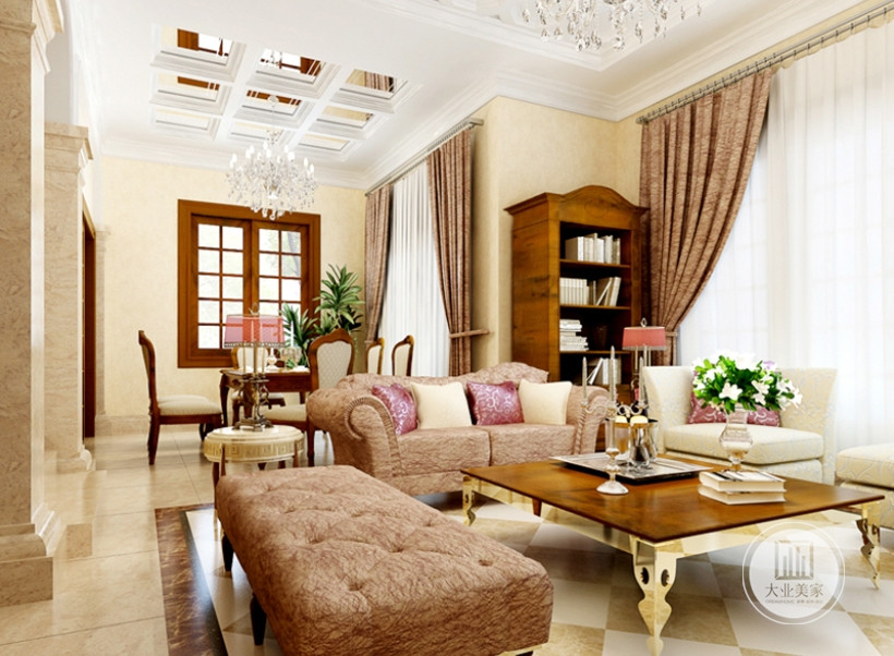 客厅凸显浓郁的欧洲风情，高贵典雅的色调透着欧洲特有的浪漫，一个柔和典雅的空间，犹如一杯卡布奇诺