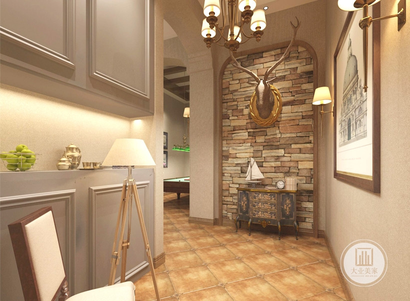 茶室，色调与客厅相统一，定制白色橱柜，墙面一侧浅色砖堆砌装饰并由动物雕塑装饰。美式风格装修效果图