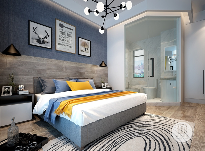 主卧设计风格偏工业风，卧室内设计了卫生间，更加方便，结合光源照明设计（包括感应光源、地脚光源）、陈设与家具设计，将整个空间对比关系细化明朗。