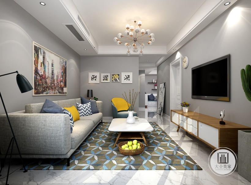 客厅将马卡龙色与传统北欧相结合，整个客厅极尽灰色调，线条简单干净，生活回归生活。简洁、明快、撞色大胆的空间氛围。