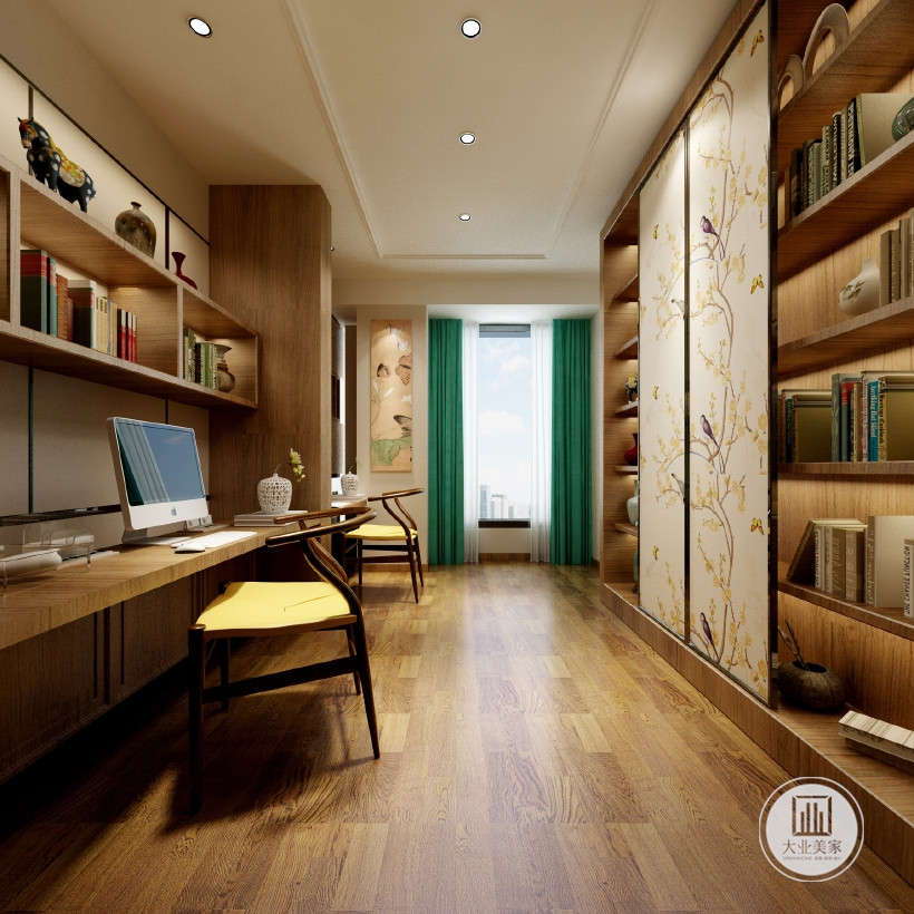 书房空间打造明黄色柜体，书架装有简易推拉门，空间大也可用于家庭办公，落地窗增加透光。