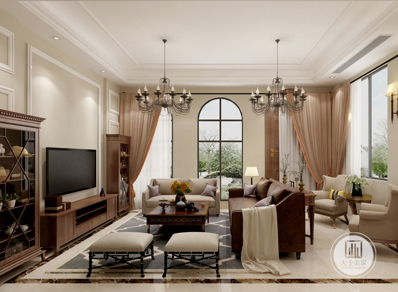客厅，实木家具、米色主色调、精致的线条、细腻的布艺沙发、生机勃勃的插画....多处走心的细节，为空间带来亲切的氛围，加上合理的光线布置，构成了这个温暖的家。